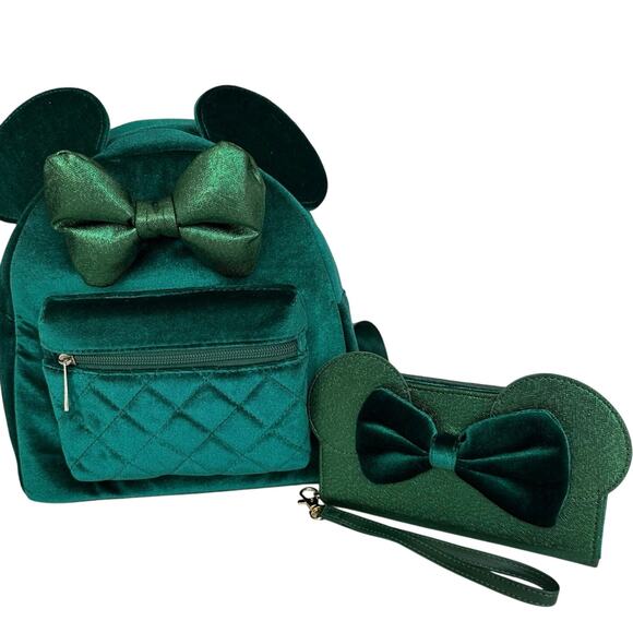 Disney Velvet Minnie Mouse ears & bow mini backpack w/ matching sparkling wallet - Picture 1 of 9